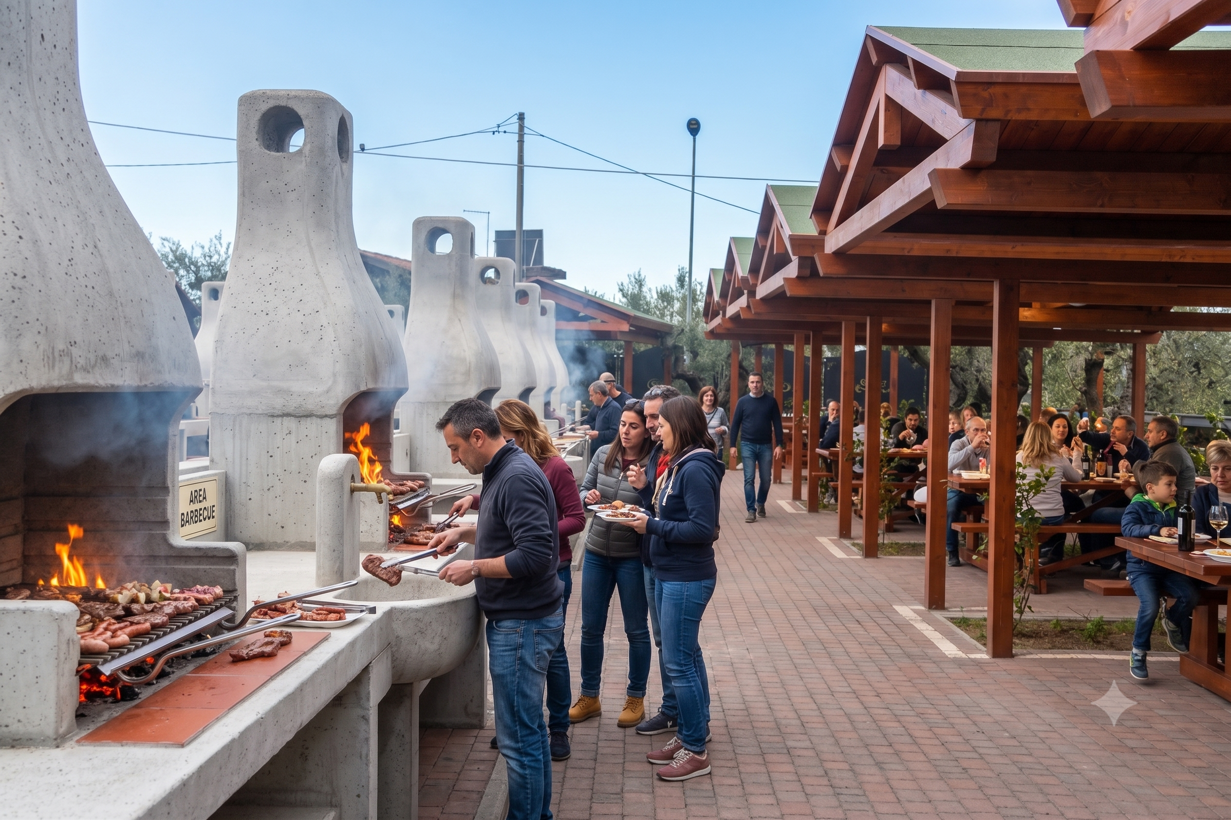 Area barbecue in muratura con persone che grigliano